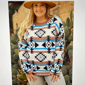 Aztec Crewneck Pullover Sweater Brown Turquoise Size 1X